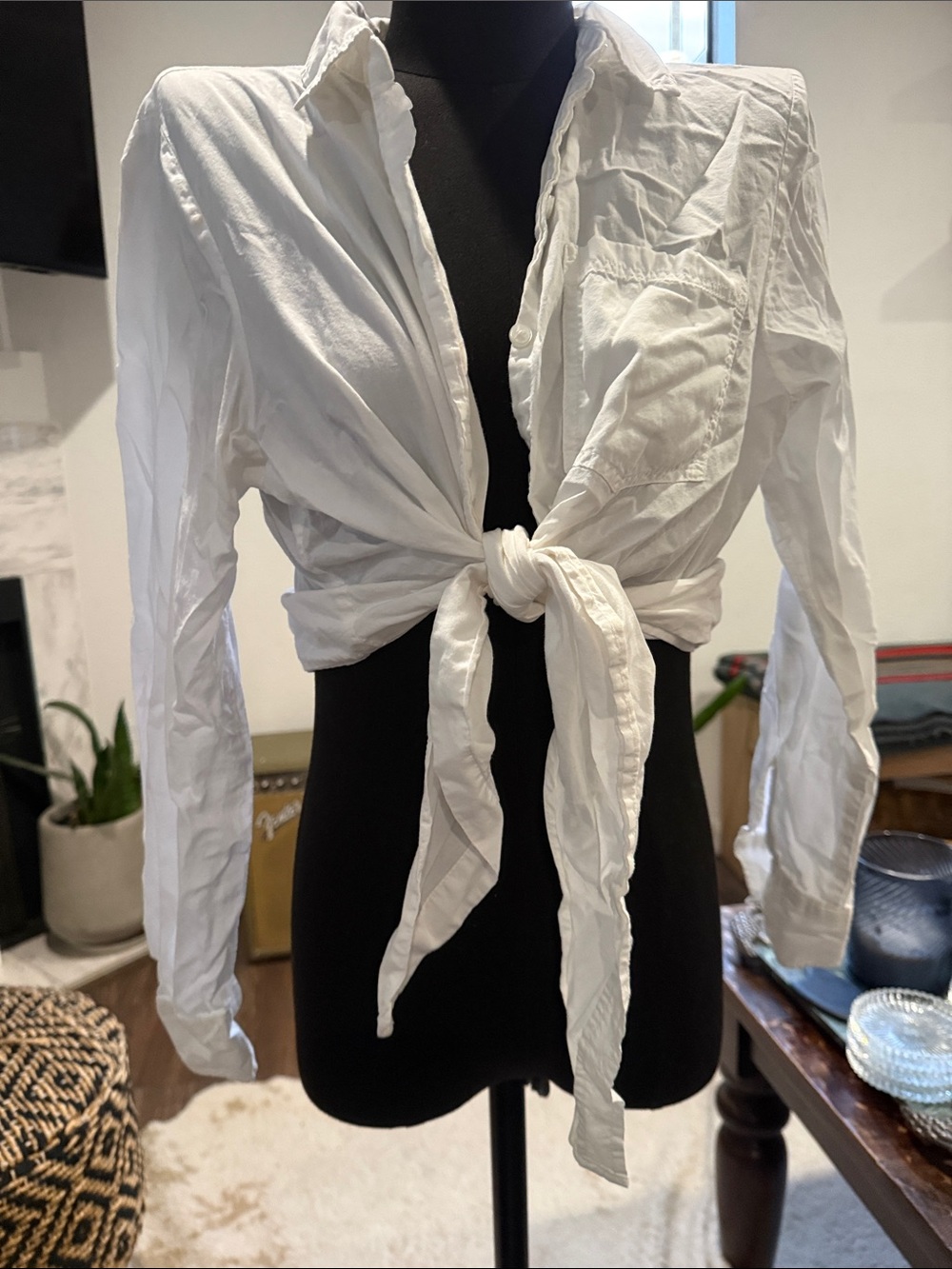 Zara White Tie-Front Cropped Button Shirt